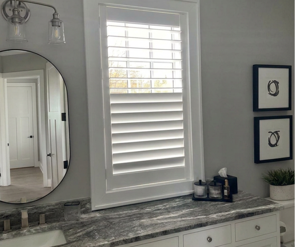 Bathroom plantation shutters — moisture-resistant custom shutters installed in Cleveland, Ohio