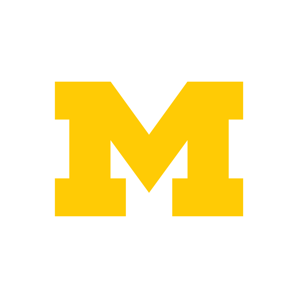 Large gold letter M in block style on a white background.