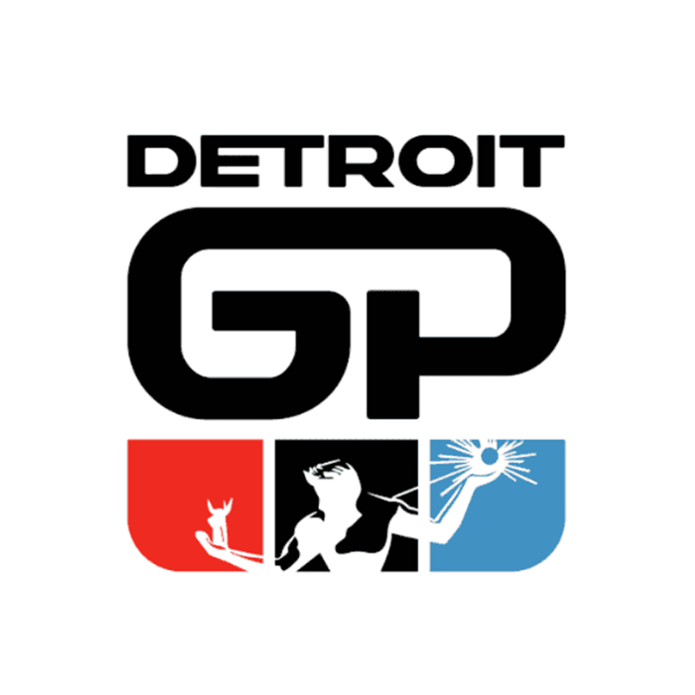 Logo for Detroit GP featuring bold black text and three small graphic icons in red, black, and blue with images of a dog, a dog, and a spring.