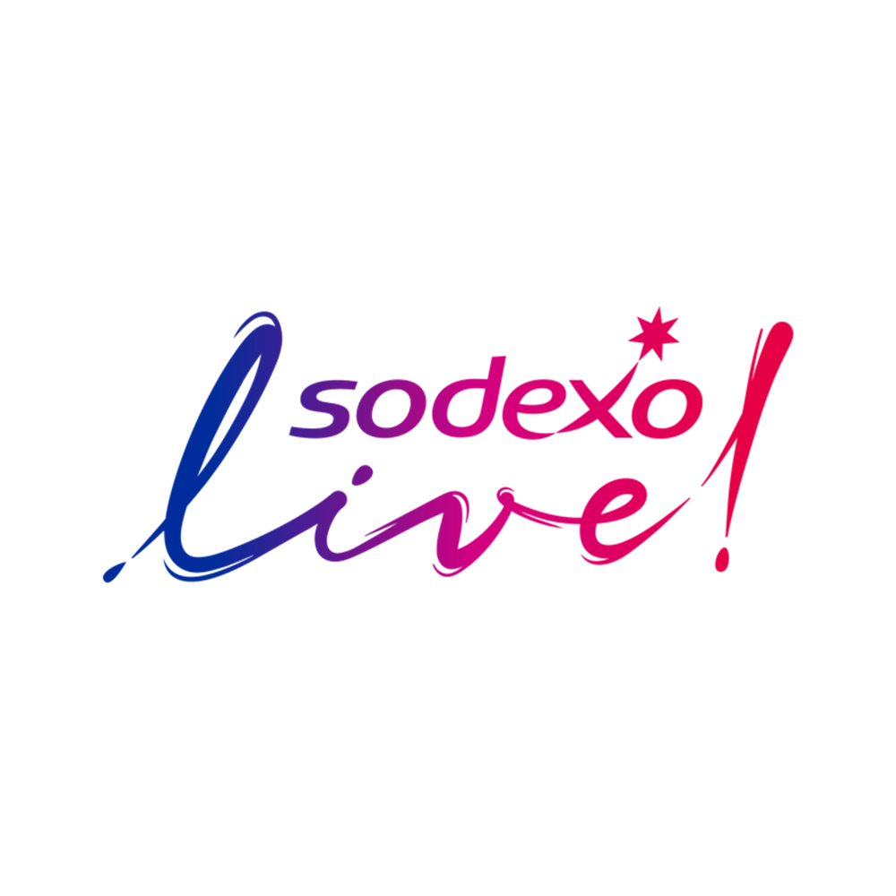 The logo features the words "Sodexo Live!" with “Sodexo” in purple and “Live!” in pink, with a stylized star and a curved line resembling a comet or shooting star.