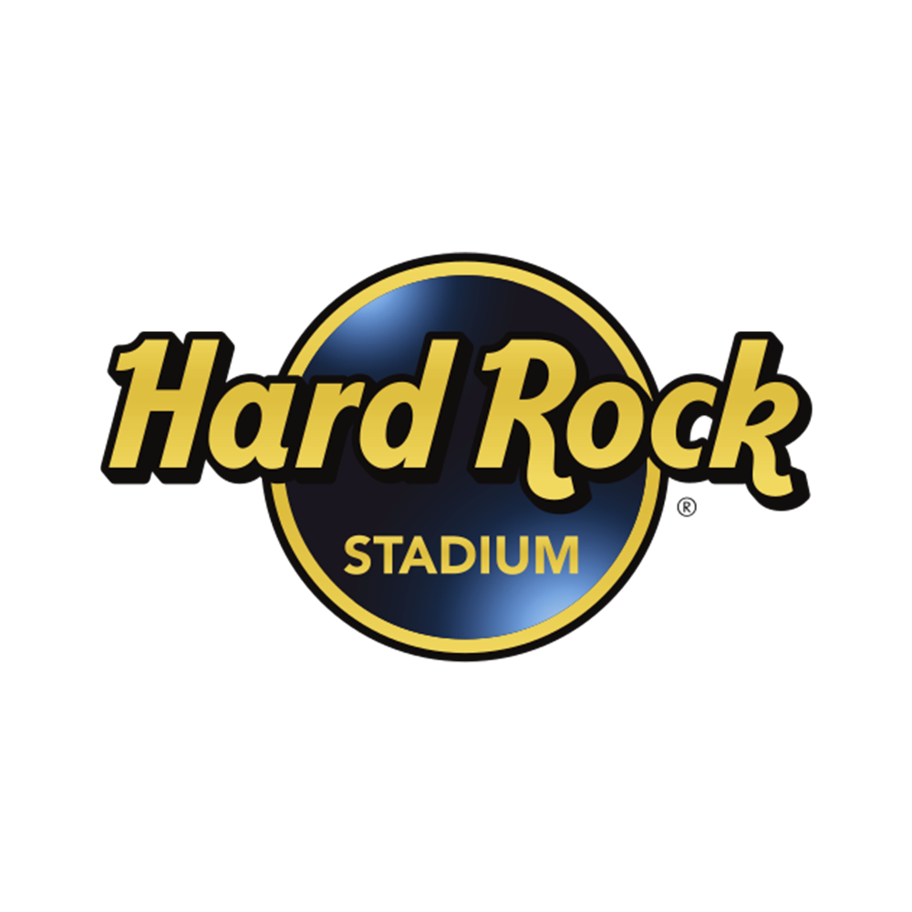 Hard Rock Cafe logo with black, gold, and blue colors, featuring a circular design and the words 'Hard Rock' and 'Stadium'