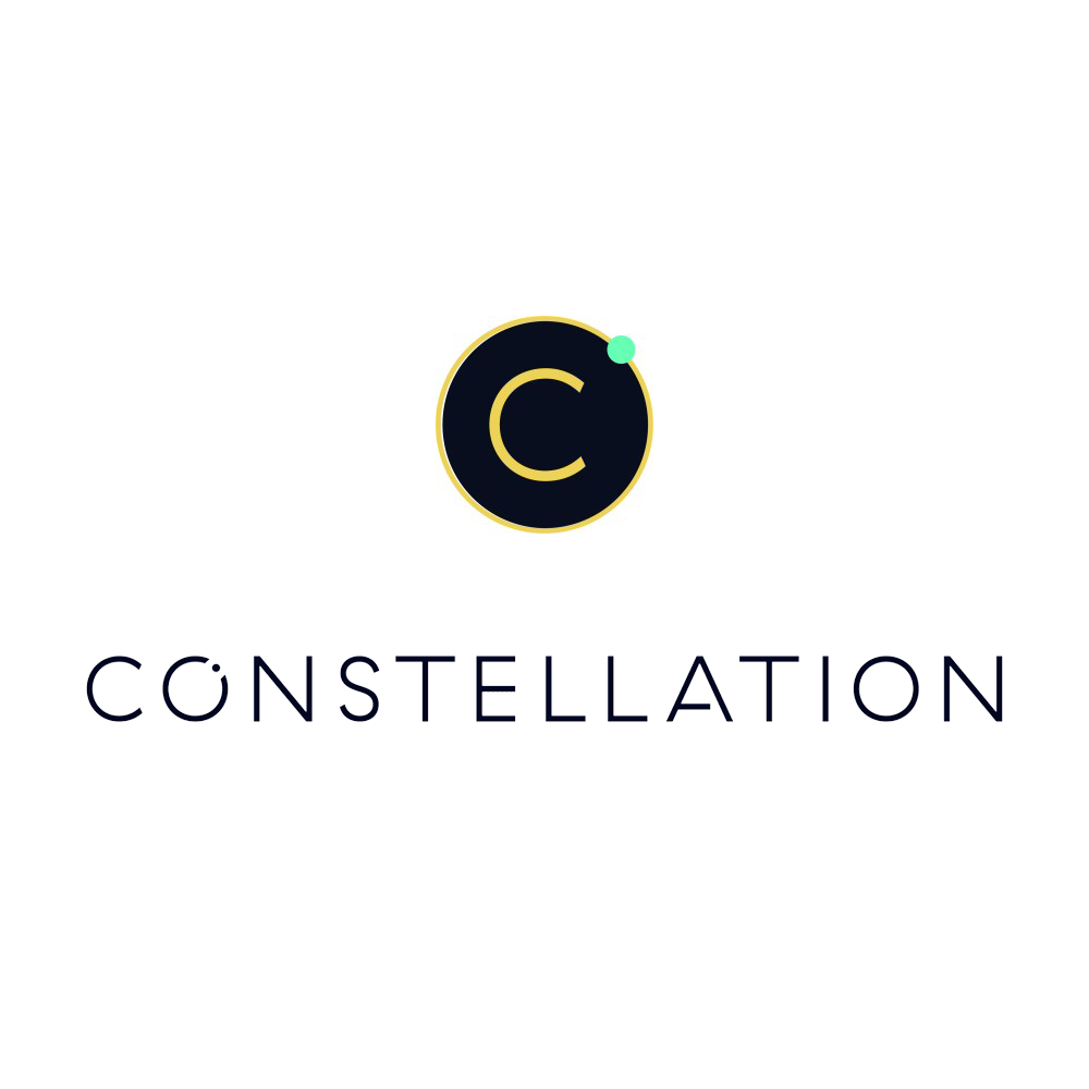 Logo with a dark circle containing a gold 'C' and a small green dot, with the word 'Constellation' below. It is the logo of the Constellation hospitality group.