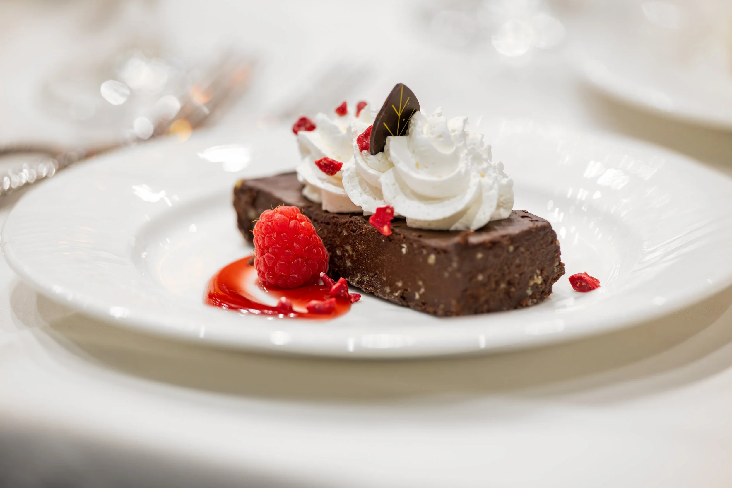 Chocolate dessert with whipped cream, raspberries, and raspberries on a white plate.