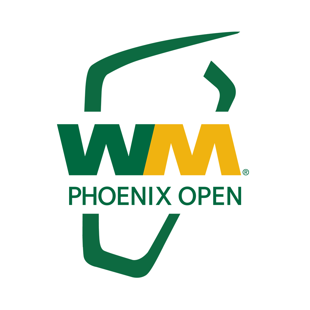 Logo for the WM Phoenix Open featuring stylized green and gold text with a golf hole and flag outline.
