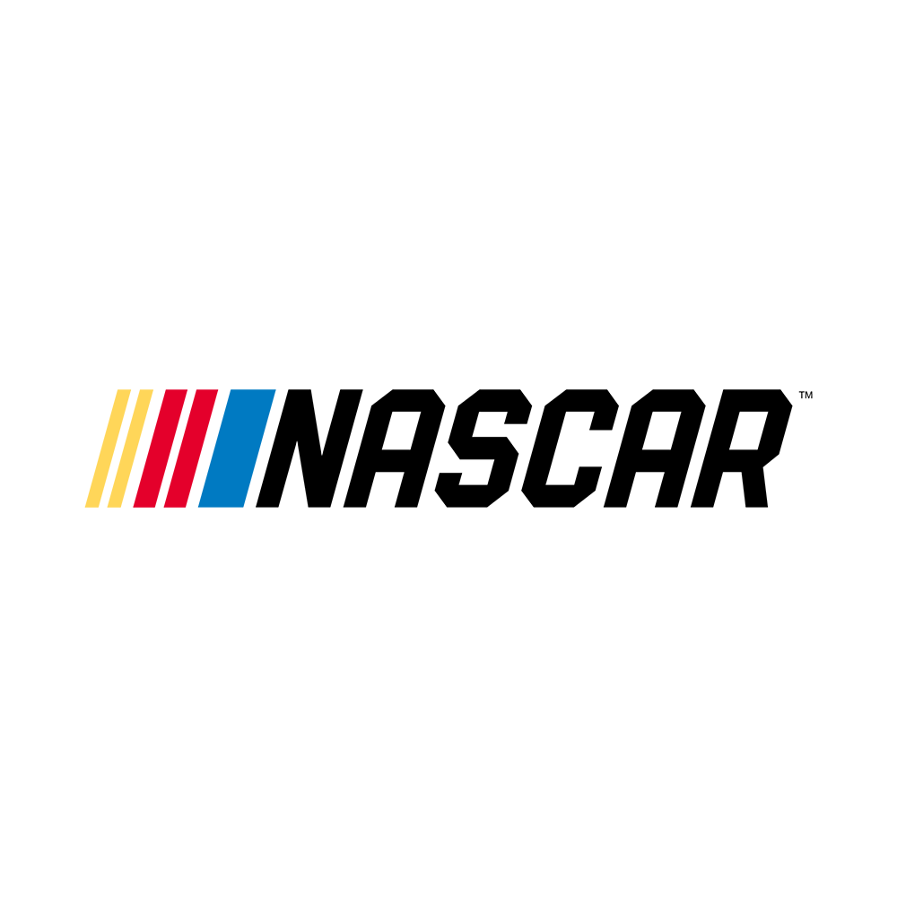 NASCAR logo with three yellow, red, and blue stripes followed by the word NASCAR in bold black font.
