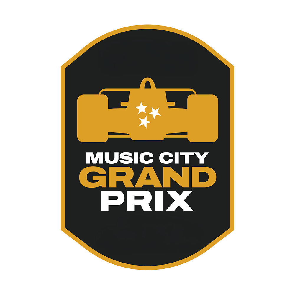 Design logo for Music City Grand Prix with a stylized racing car silhouette, stars, and bold text.