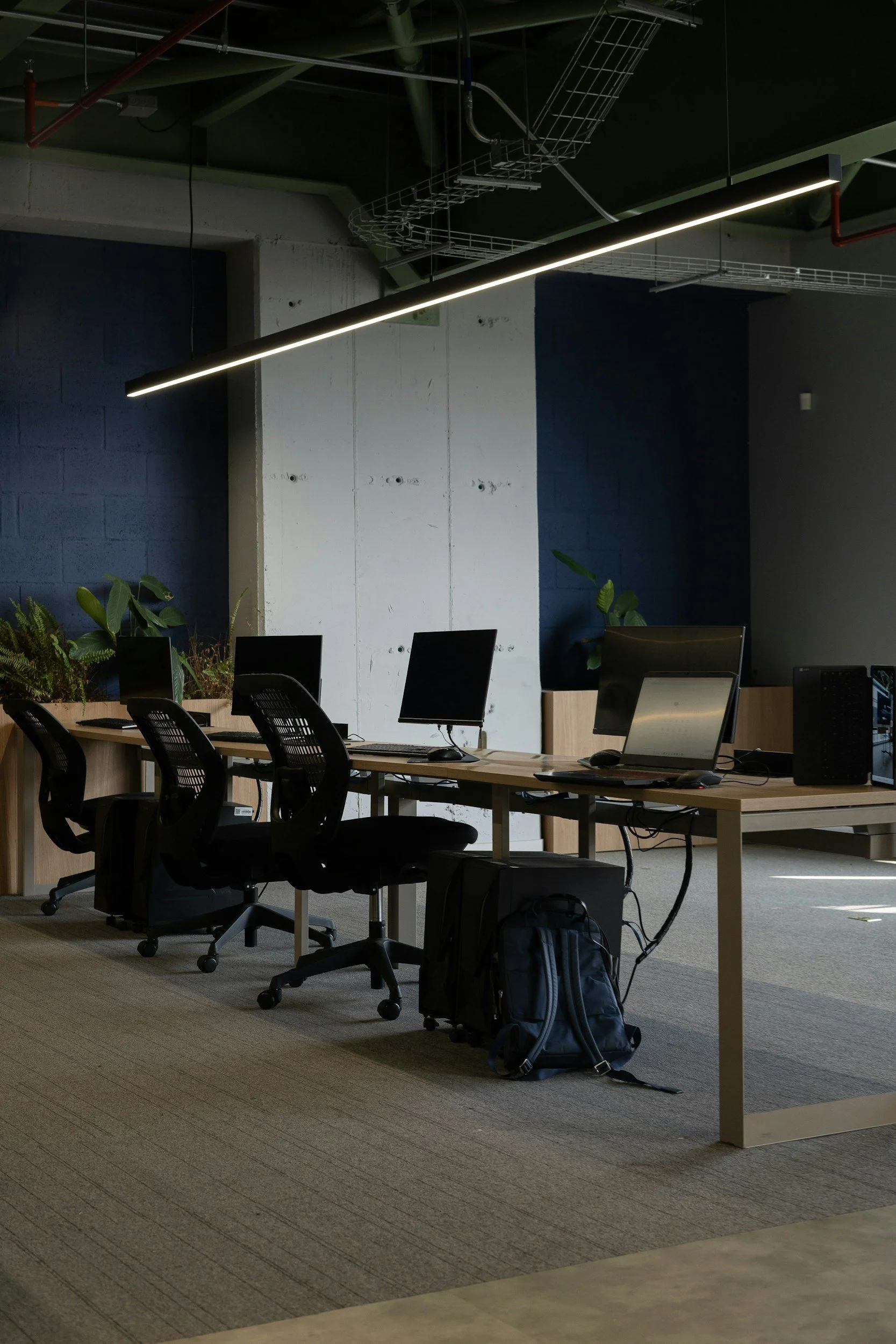 An empty modern office workspace with a row of desks, each equipped with a computer monitor, keyboard, and mouse, along with black ergonomic chairs. There are green plants on the desks. The room features a large ceiling light, exposed piping, a concrete wall, and a carpeted floor.