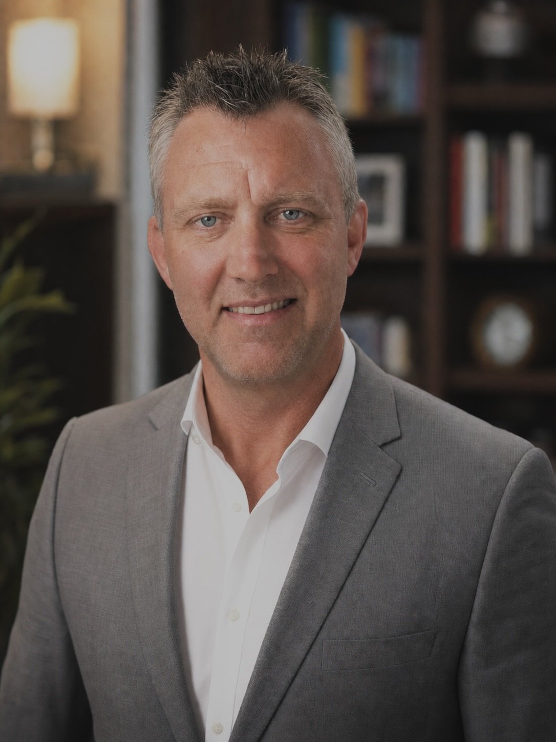 A man with short grayish hair wearing a light gray suit and white shirt, smiling, with blurry bookshelves in the background.