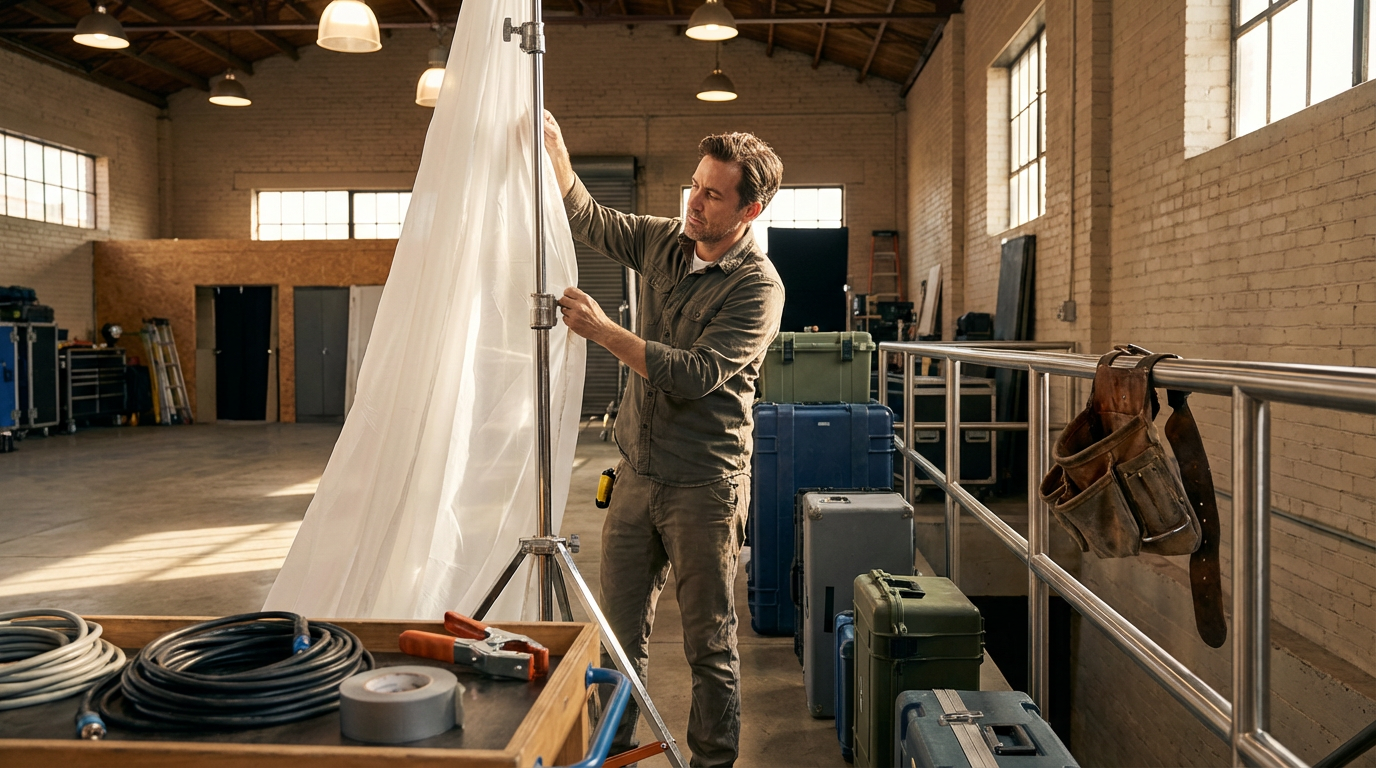 A man adjusting a large studio light in a spacious industrial-style workspace with brick walls and large windows.