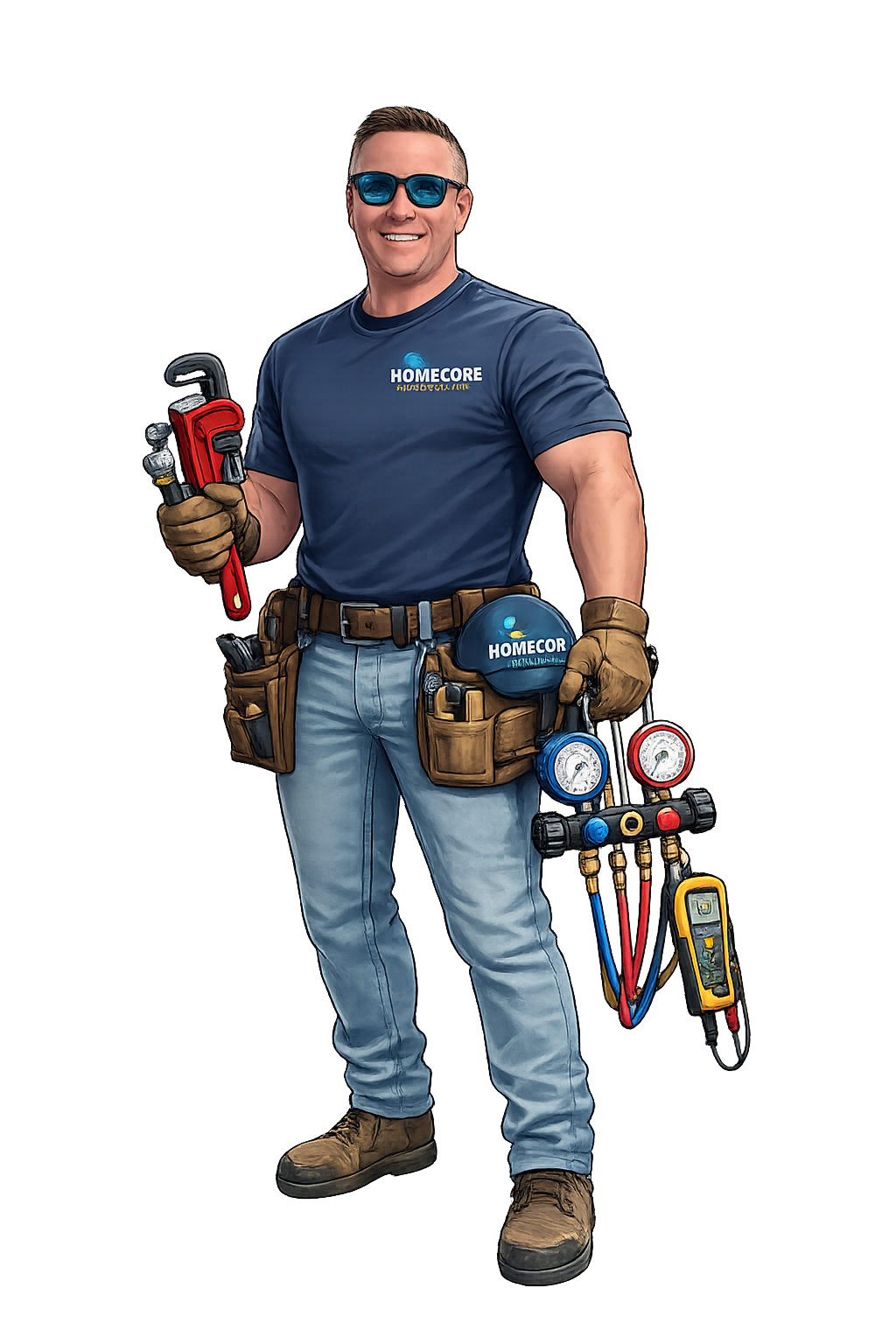 A smiling male plumber wearing sunglasses and a blue T-shirt with the logo 'HOMECOR'. He is holding a pipe wrench and wearing a tool belt with various tools, standing against a digital background.