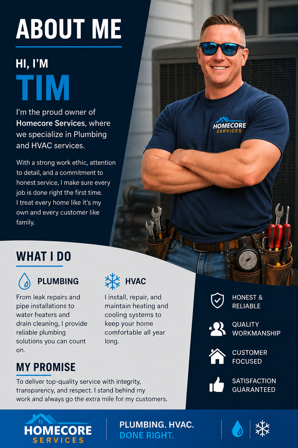 A professional handyman in a blue Homecore Services T-shirt with tools in his belt, standing confidently with arms crossed in front of a house, advertising plumbing and HVAC services.