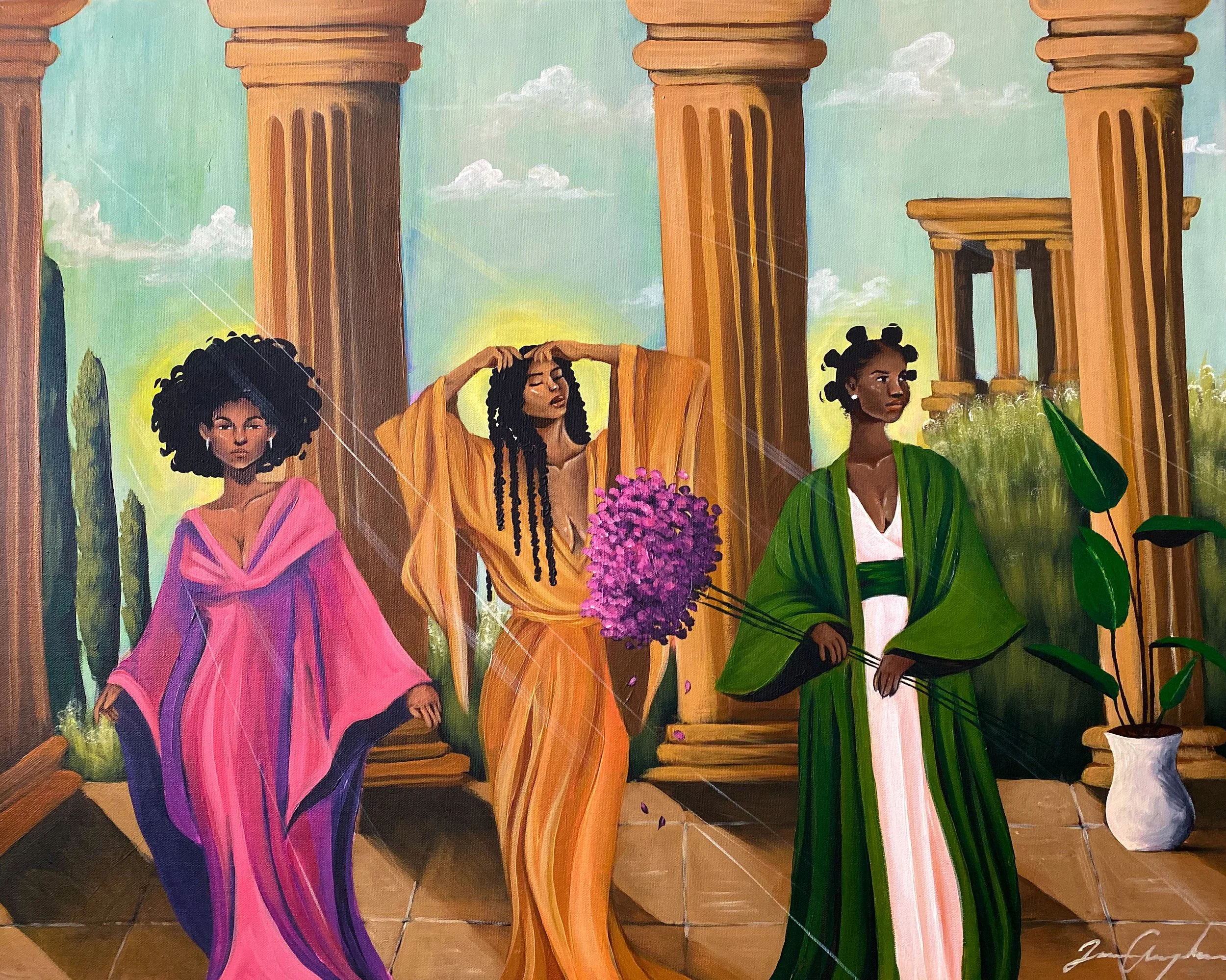 Painting of three women with different hairstyles and clothing, standing in front of ancient-style columns with a blue sky and clouds in the background.