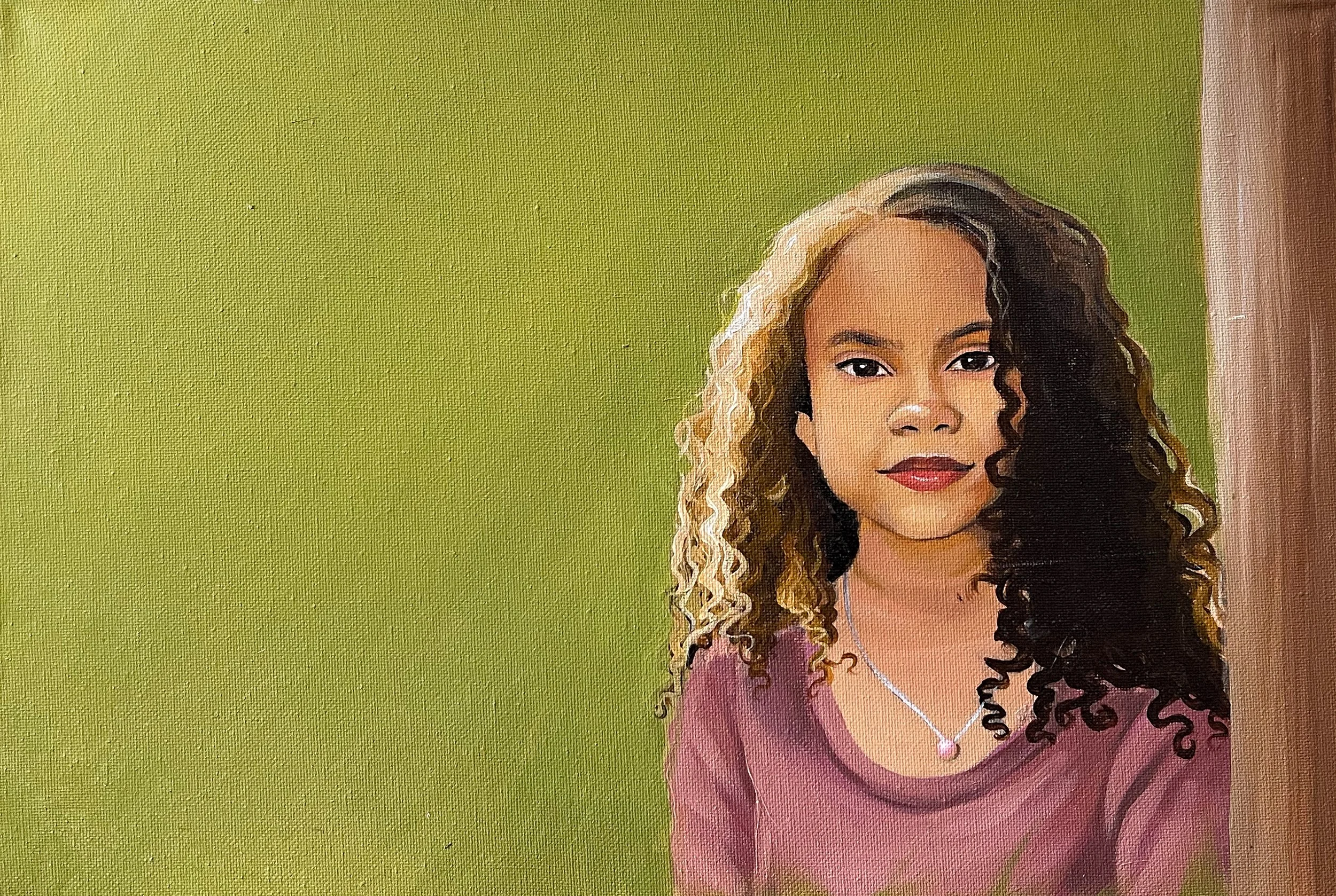 Painting of a woman with curly hair wearing a pink top and necklace, against a green background.
