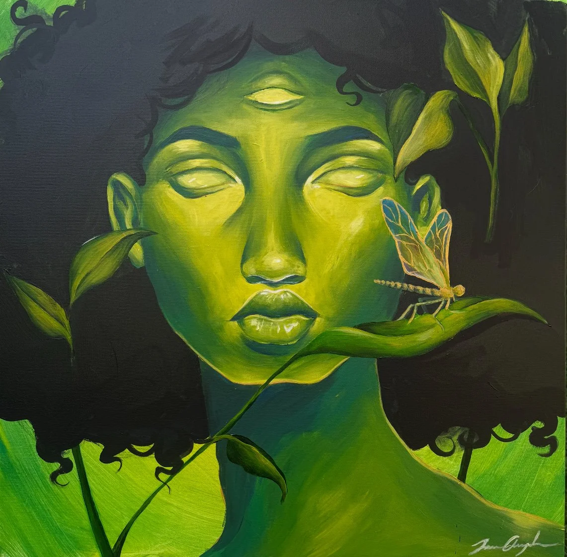 A green stylized portrait of a woman with closed eyes and curly hair surrounded by leaves, with a dragonfly perched on her hand.