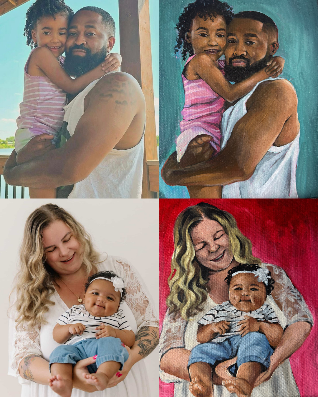 Four images of women holding smiling babies, including two photographs and two paintings, all showing women with long hair and babies with dark curly hair.
