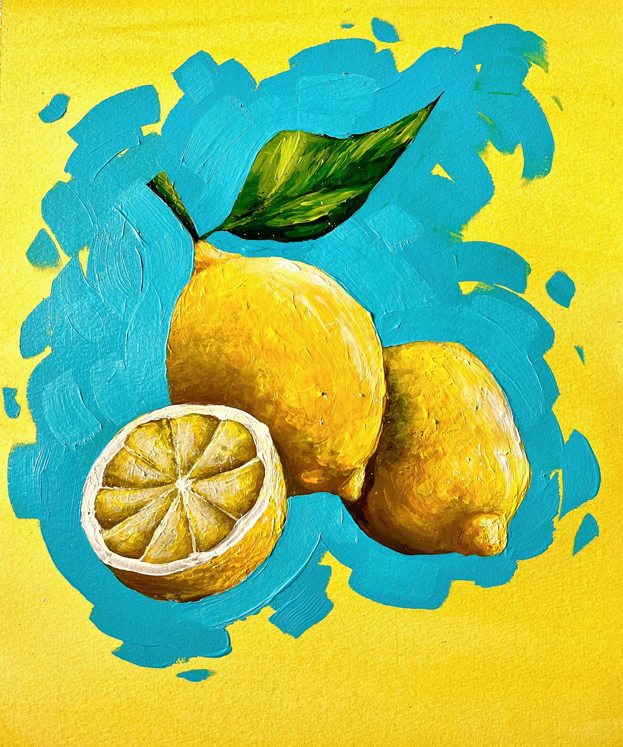 Painting of whole and sliced lemons with green leaves on a blue and yellow background.