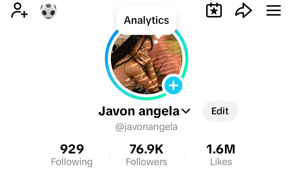 Screenshot of a TikTok profile page for Javon Angela, showing her profile picture, username, follower count, following count, and likes