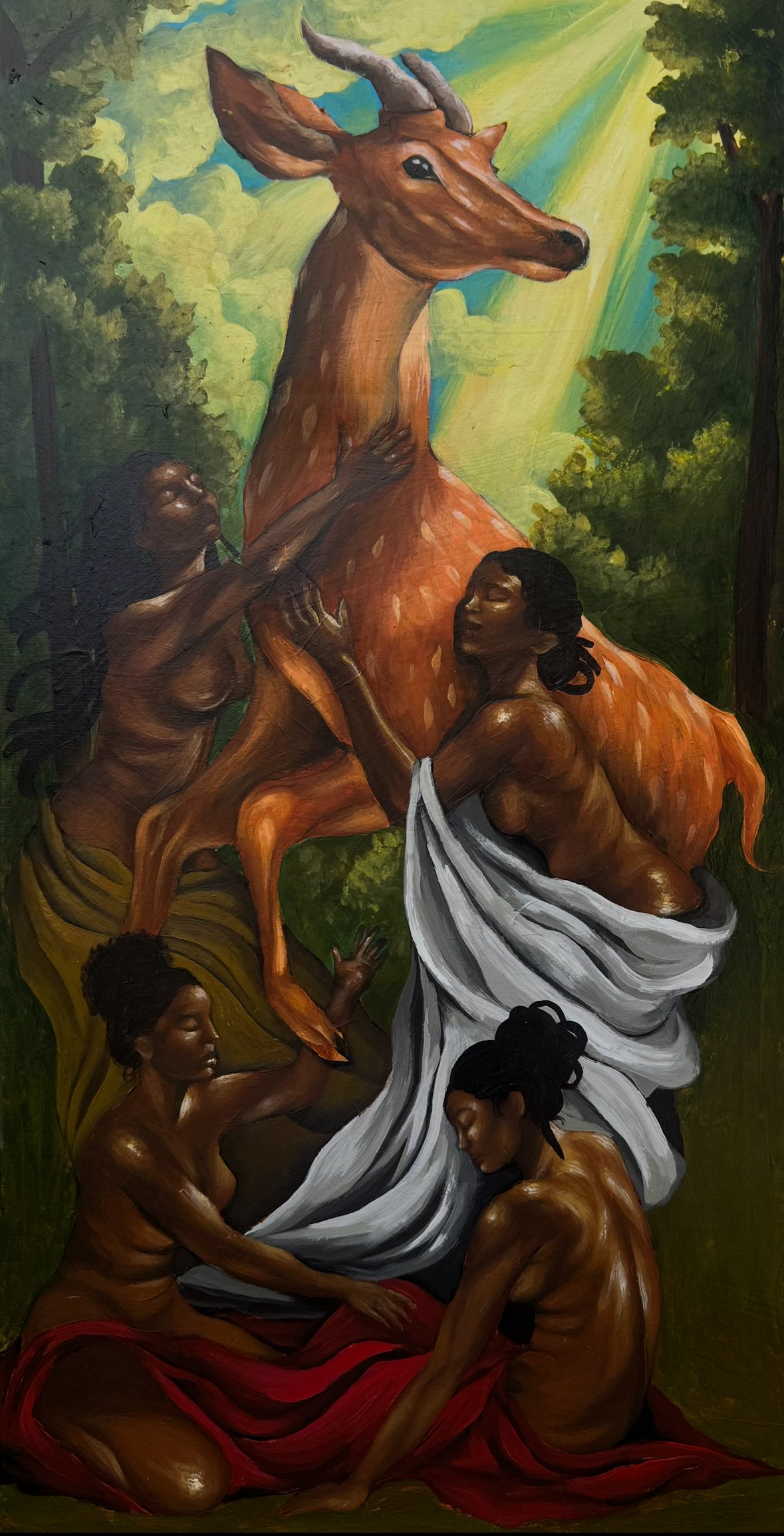 A painting depicting a majestic scene with multiple dark-skinned women and a large deer in a lush forest, illuminated by sunlight streaming through the trees.