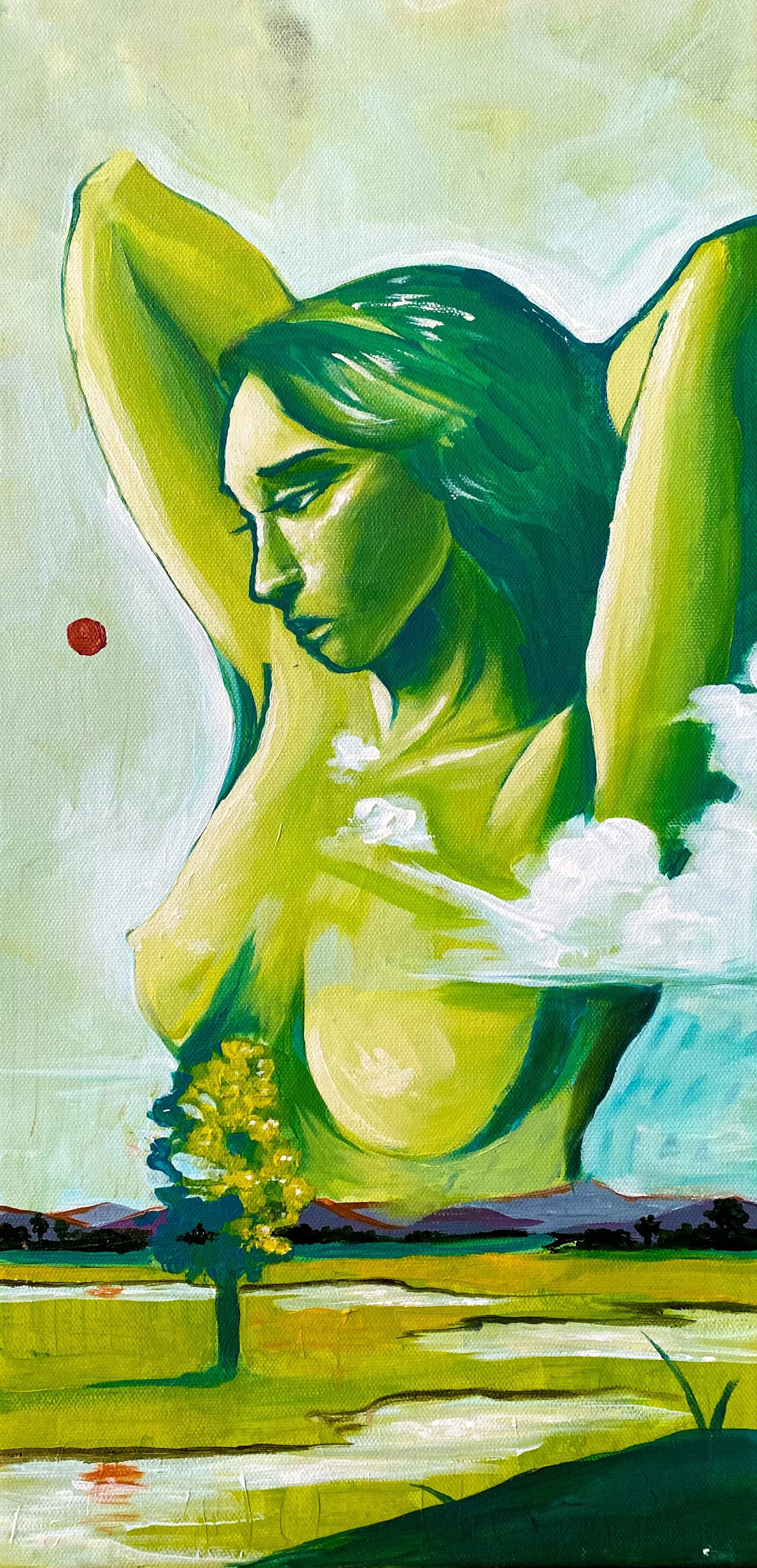 A painting of a woman with green skin and dark green hair, her eyes closed, with arms raised above her head, set outdoors near water and a small tree, with a cloudy sky background.