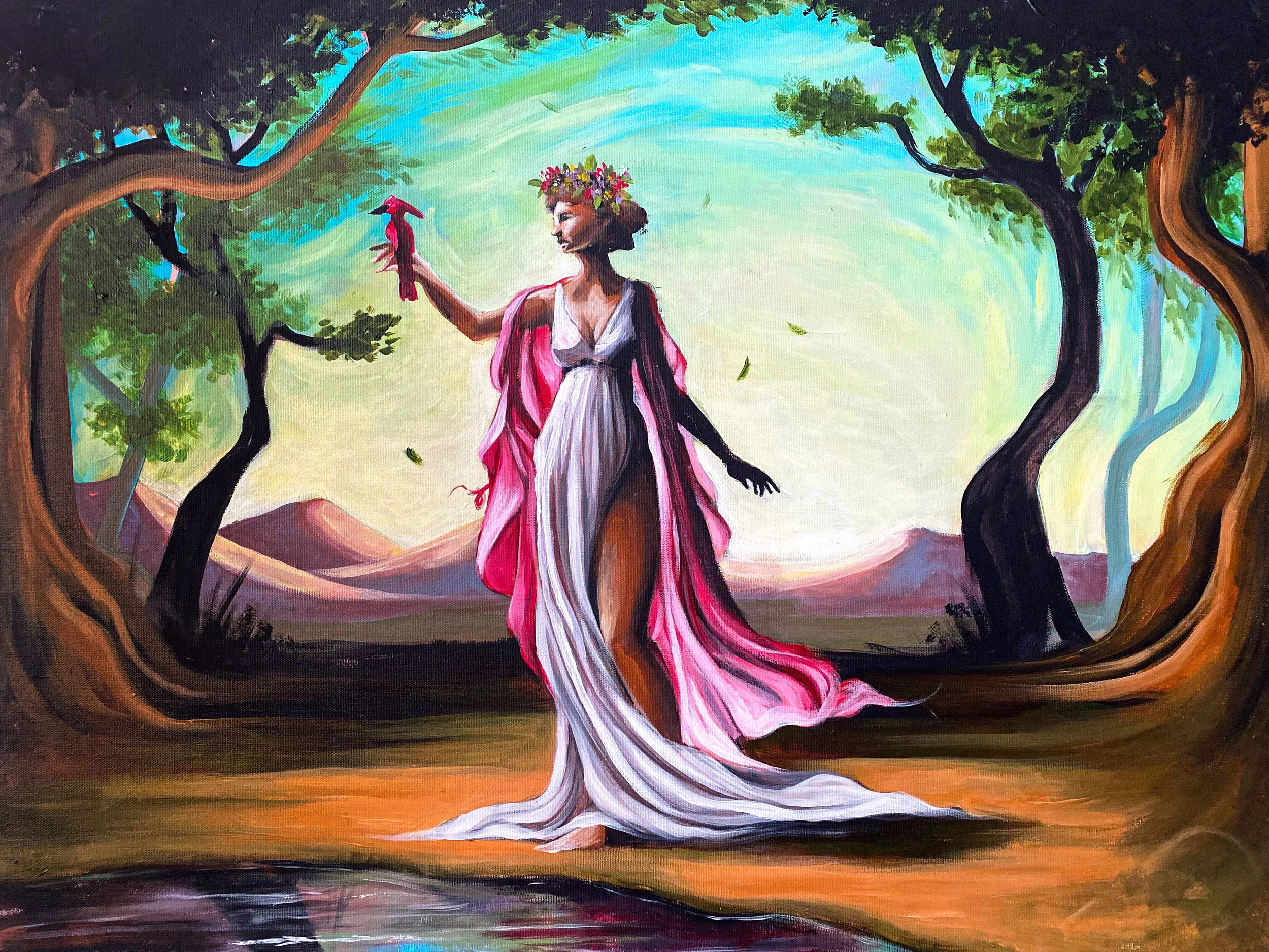 A painting of a woman with a flower crown, in a flowing pink and white dress, holding a red bird, standing among trees with a landscape and sky in the background.