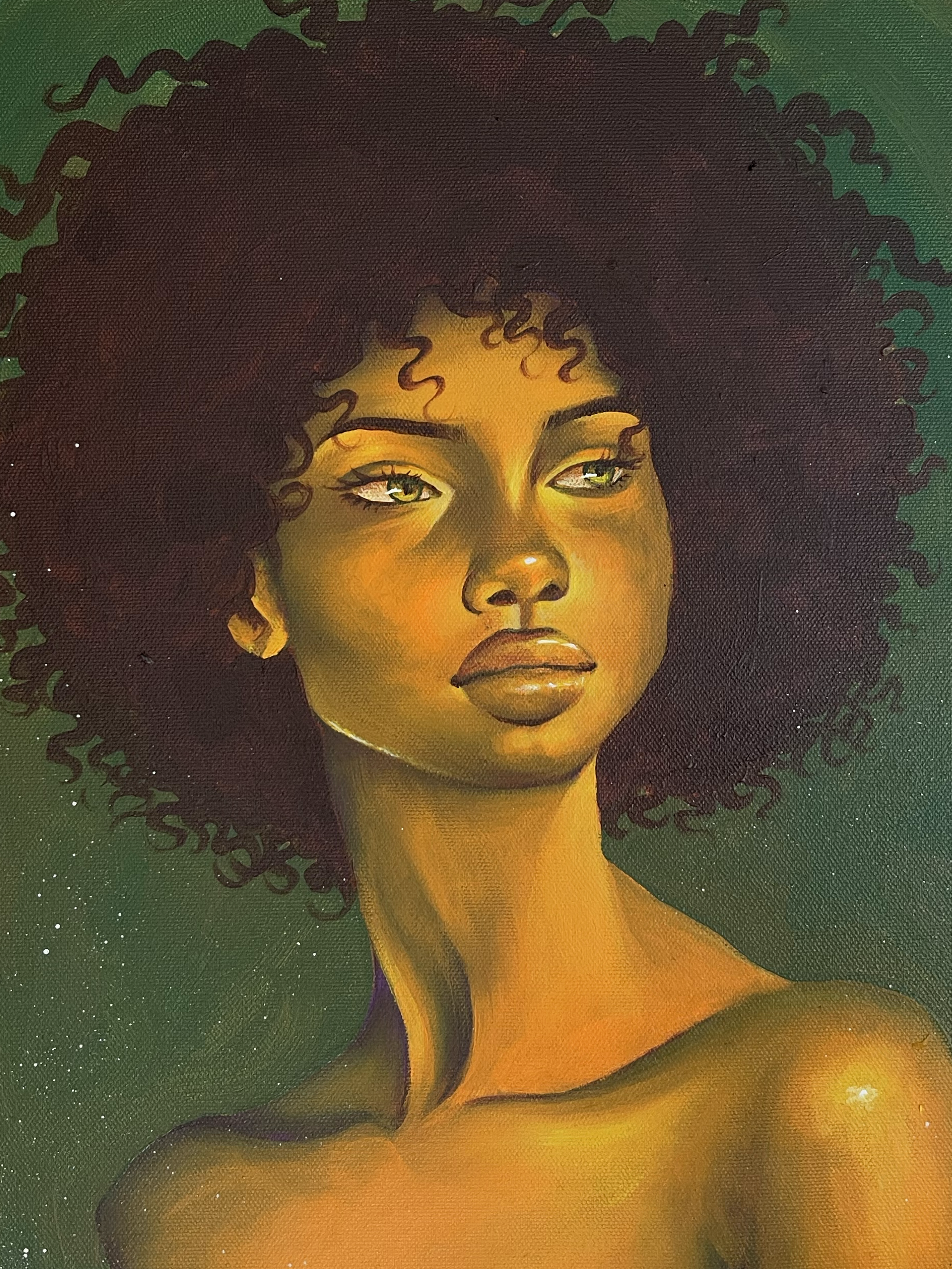 A painting of a woman with curly hair, gold and brown tones, against a dark green background with star-like specks.