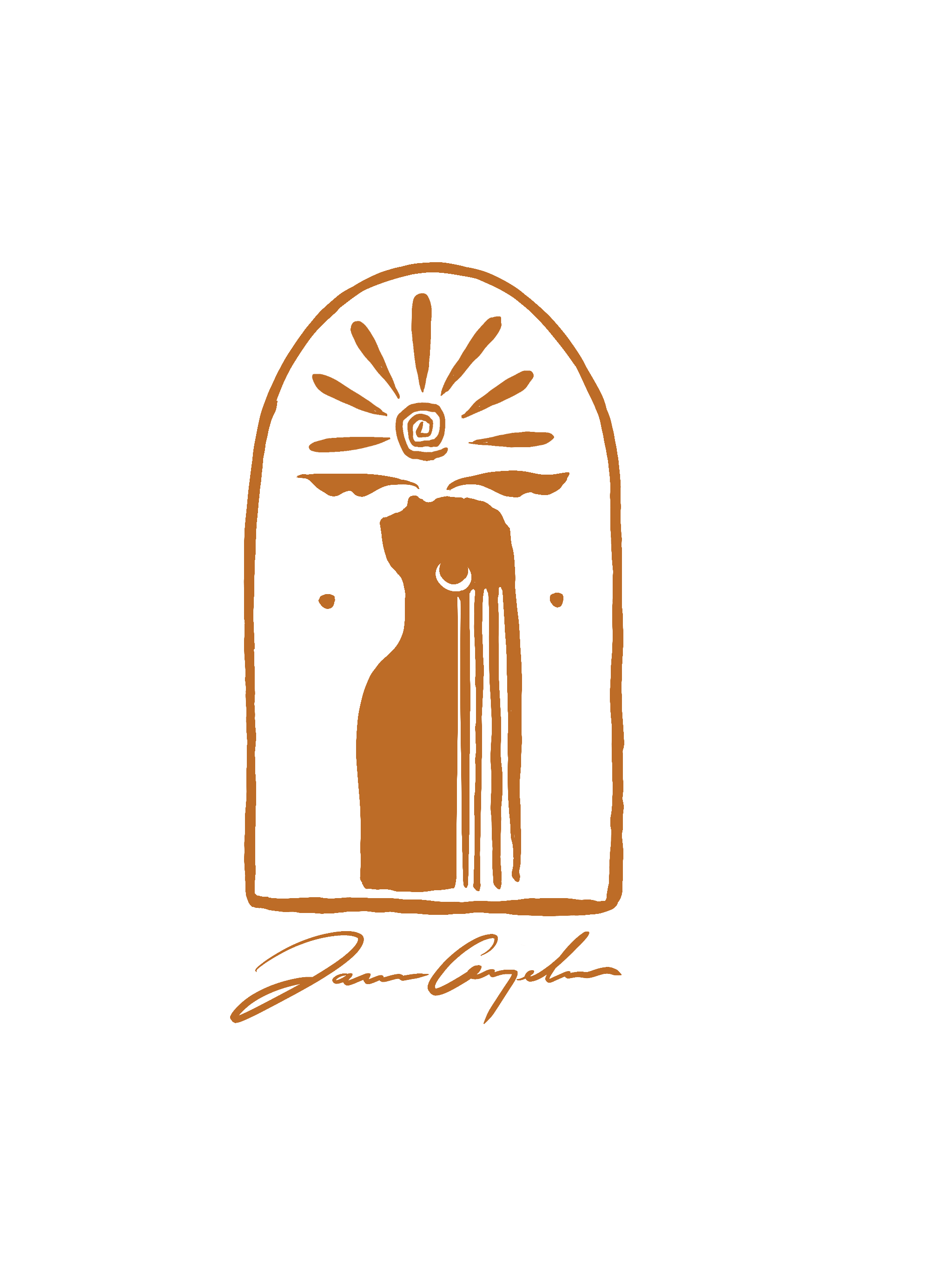 A black background with a stylized orange outline of a hot dog inside a vertical rectangle, with the words "Jawn Cognac" written in cursive below.