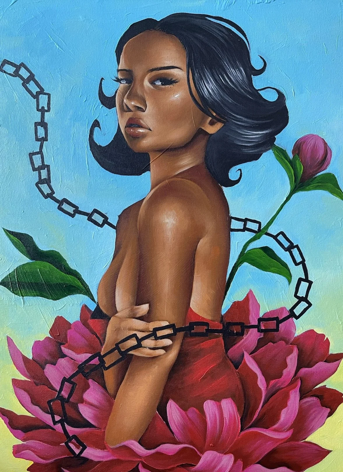 A painting of a topless woman with dark hair, surrounded by pink flowers and green leaves, with a light blue background and black chain-like shapes in the background.