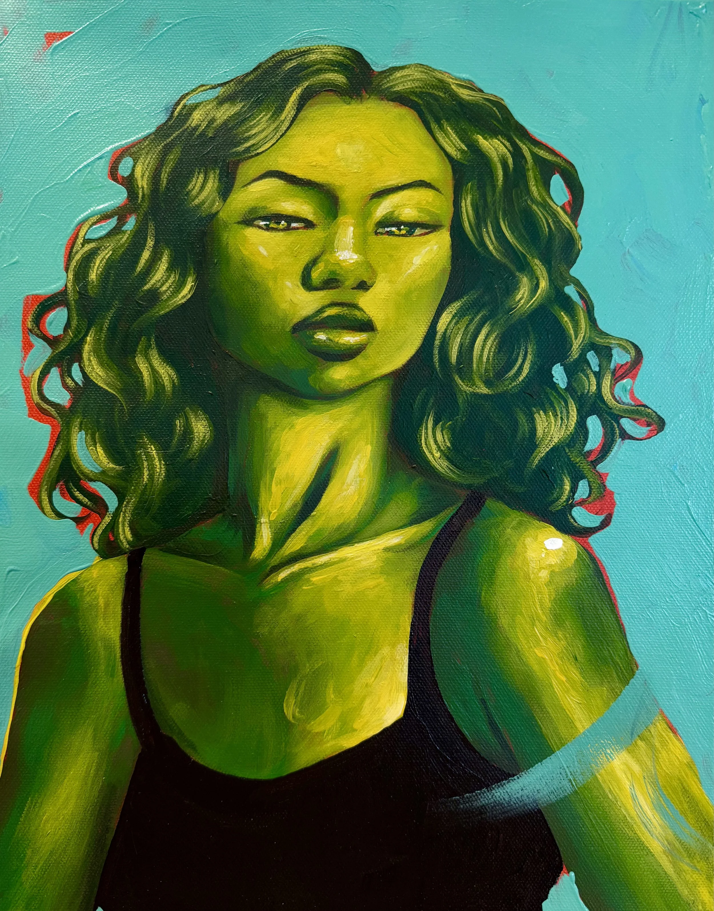 Painting of a woman with green skin and long, curly dark hair against a blue background.