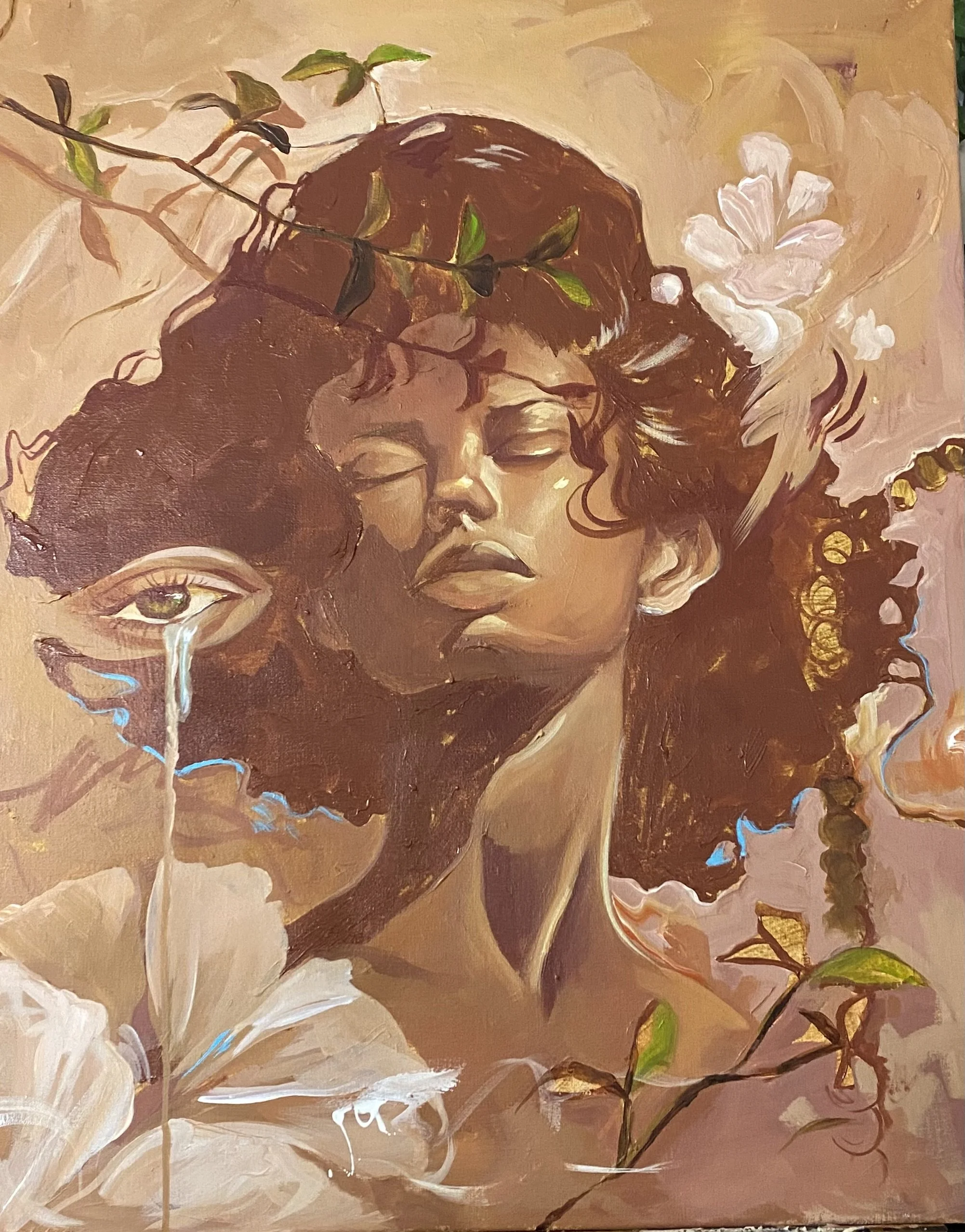 A painting of a woman with closed eyes and flowing hair, surrounded by white flowers and green leaves, with a warm, earthy background.