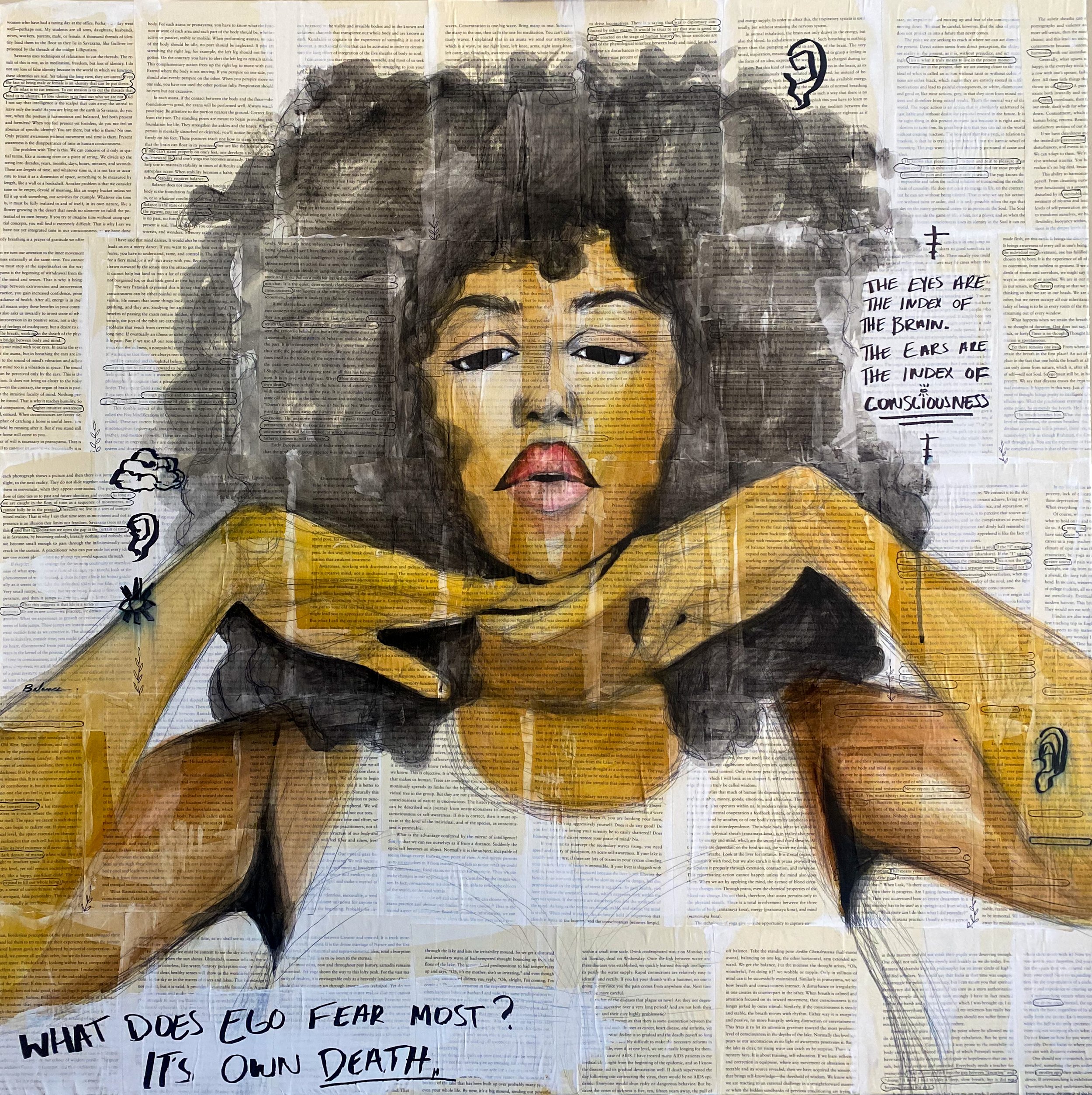 A mixed media artwork collage featuring a woman's face with dark, curly hair, overlaid with handwritten text and notes, as well as blocks of printed newspaper and text. The woman has closed eyes, full lips, and is wearing a yellow shirt. Surrounding 