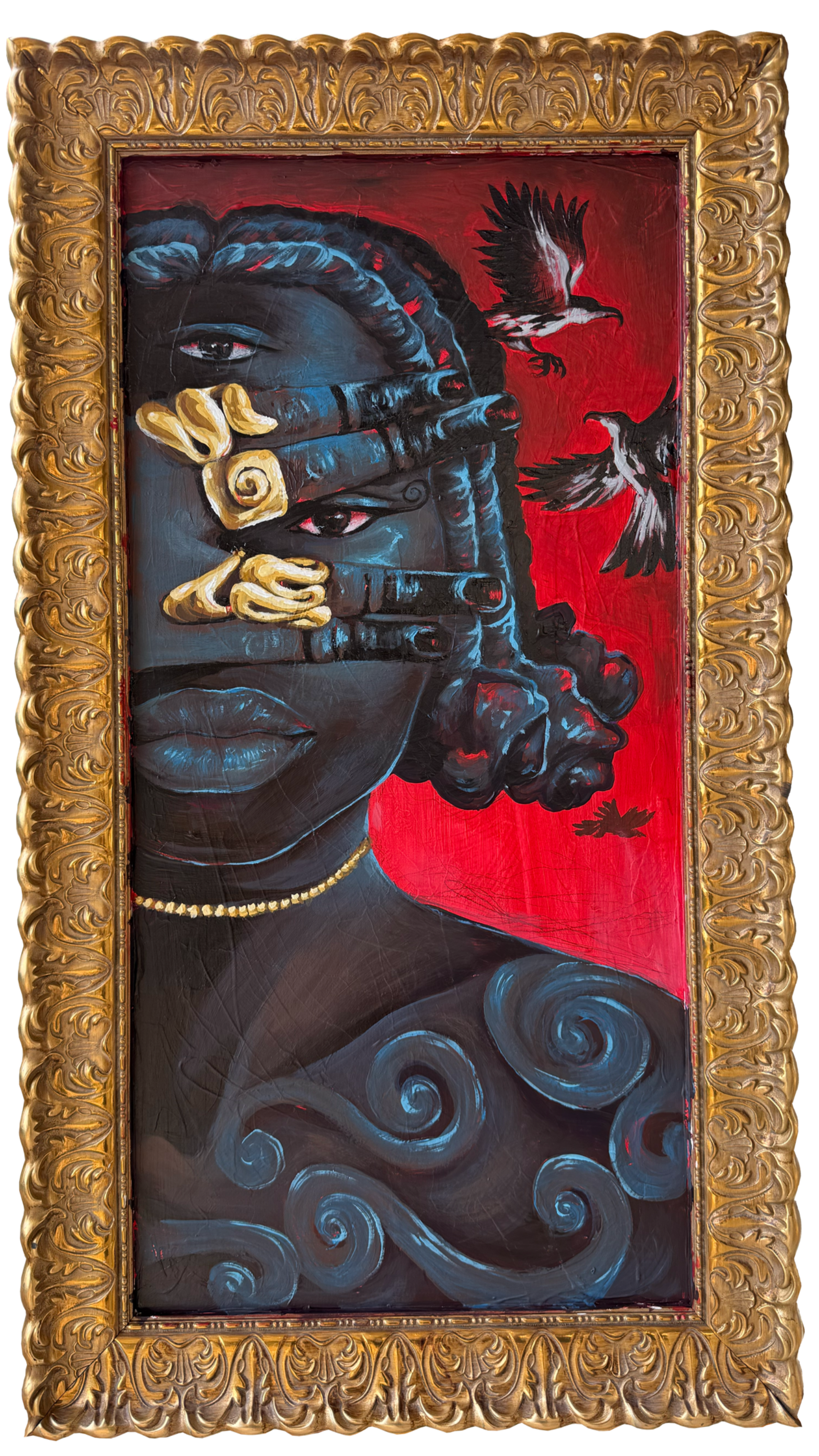 A colorful painting of a woman with dark skin, elaborate hairstyle, and gold jewelry, covering one eye with her hand. The background is red with flying birds and swirling patterns.