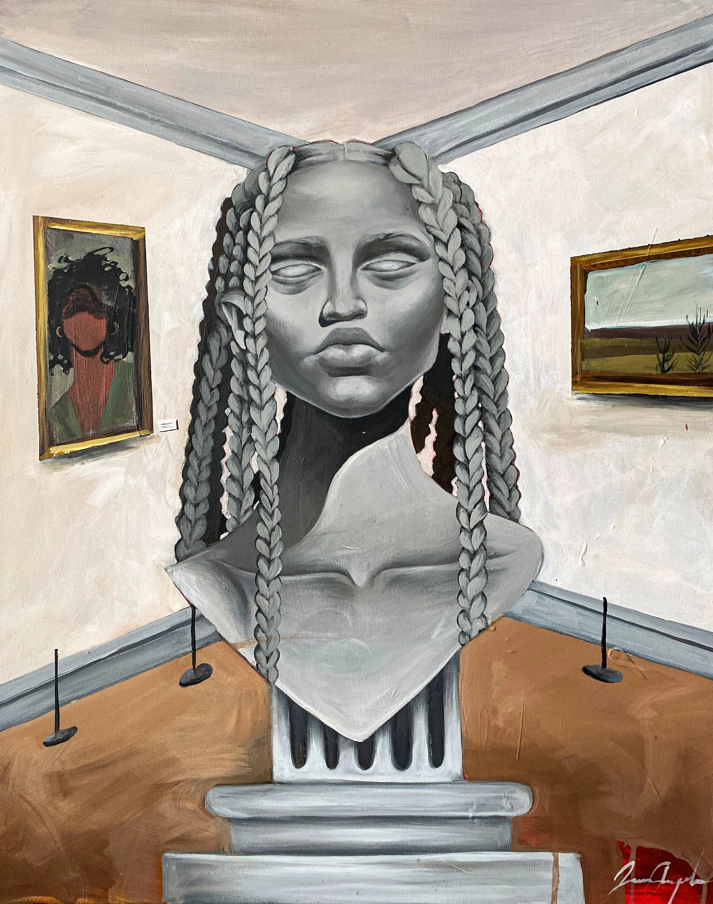 A painting of a large, monochrome face of a woman with braids in her hair, hanging in an art gallery with framed artwork on the walls and small black stands on the floor.