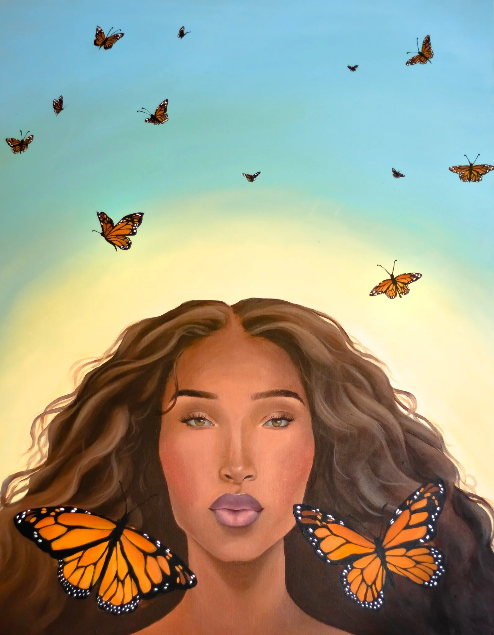 A woman with curly hair, makeup, and a portrait-style close-up face surrounded by falling orange monarch butterflies against a gradient background.