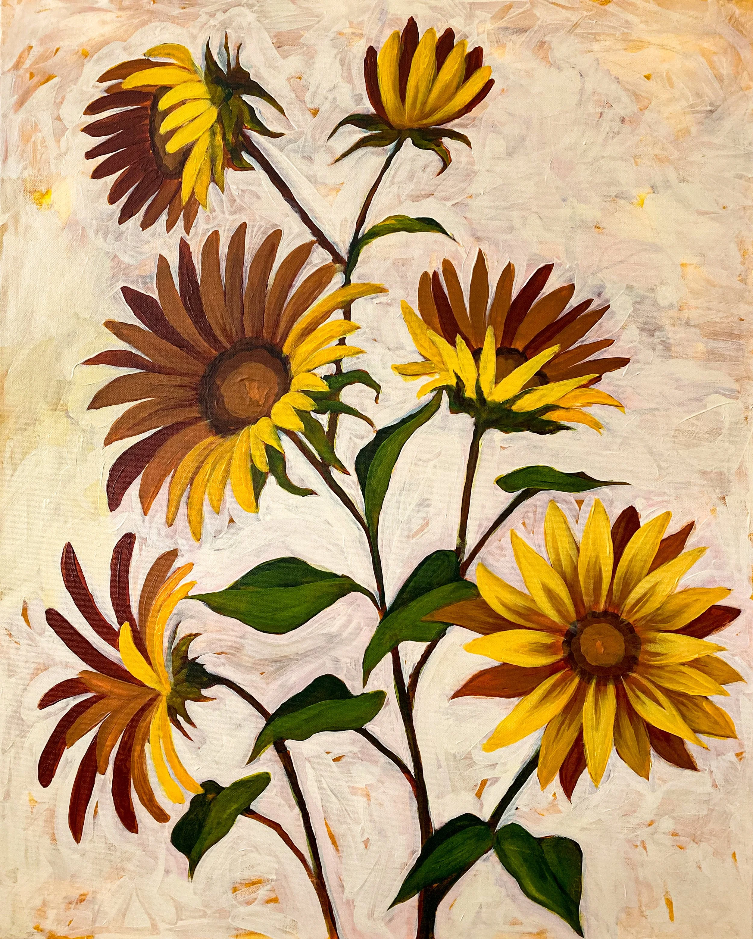 Painting of sunflowers with yellow and brown petals, dark brown centers, green leaves, on a textured, light-colored background.