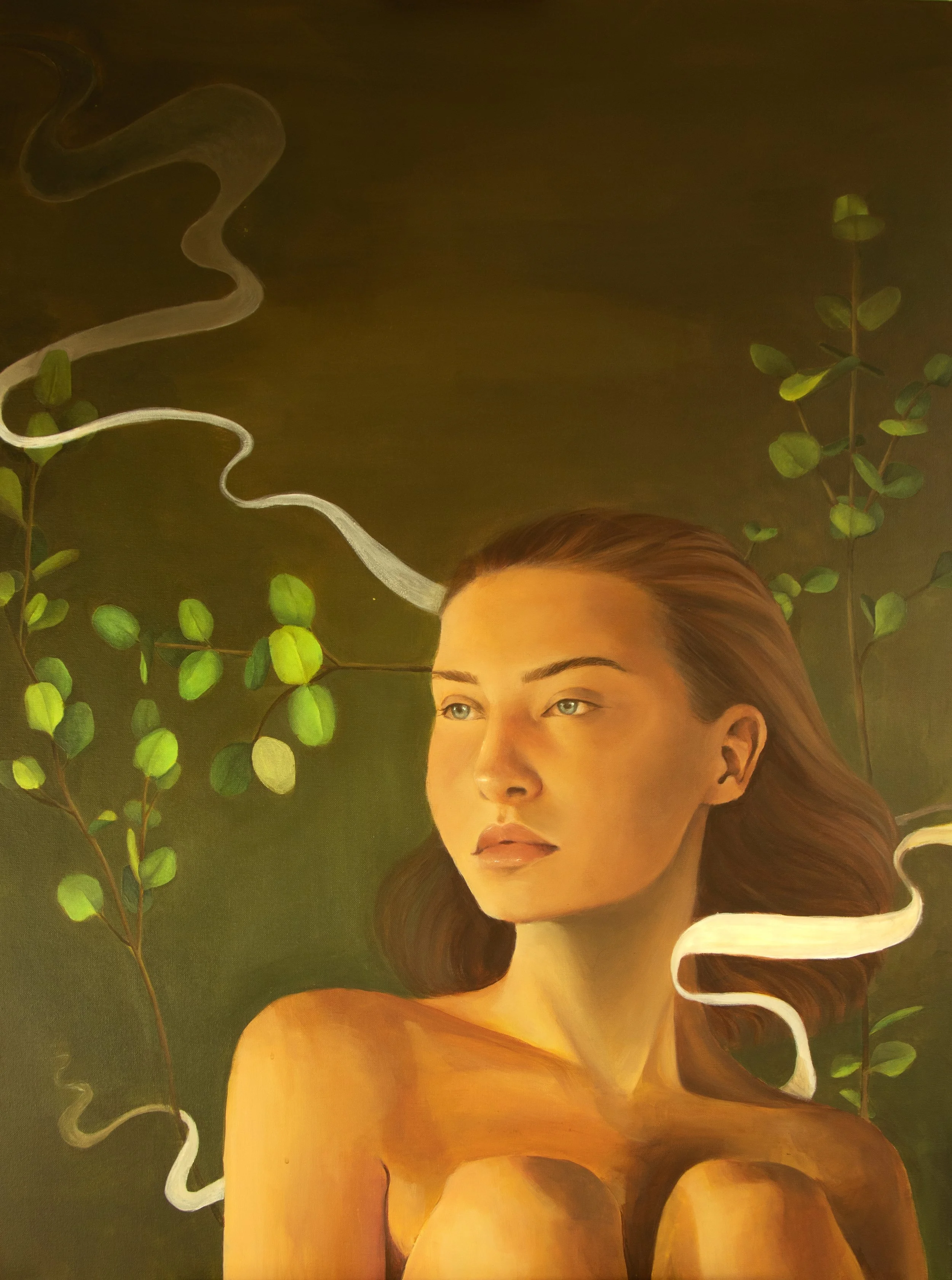 A painting of a woman with long brown hair and light skin sitting against a dark green background. There are green leafy branches behind her, and a white, curving ribbon-like element surrounds her head and shoulders.