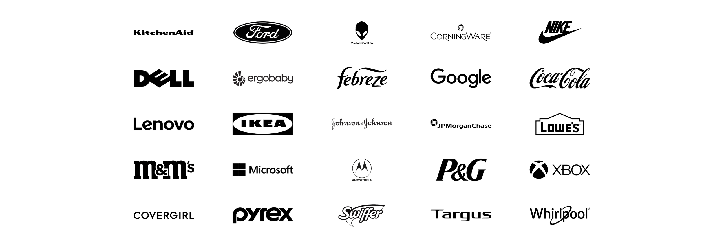 Collection of logos from various brands, including Ford, Dell, Ergobaby, Coca-Cola, Lenovo, Johnson & Johnson, M & M's, Motorola, Pyrex, Swiffer, and others.