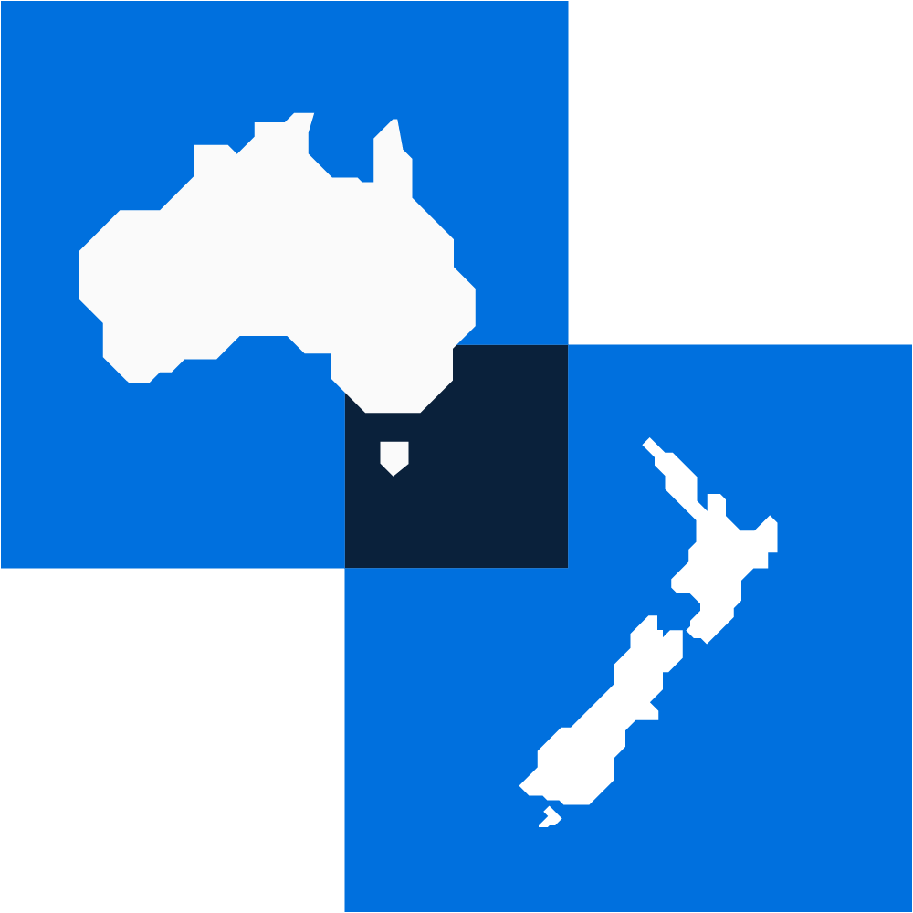 Two intersecting blue squares with one containing a silhouette of Austrlia and the other containing a silhouette of New Zealand