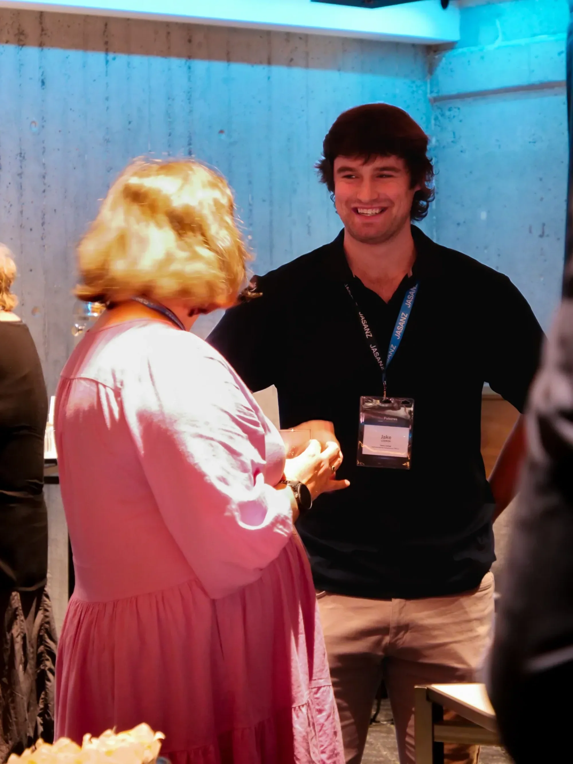 Futures participants Emma Ross (left) and Jake Lorkin (right) in conversation during a break on day 1 of the Futures micro-conference in Sydney