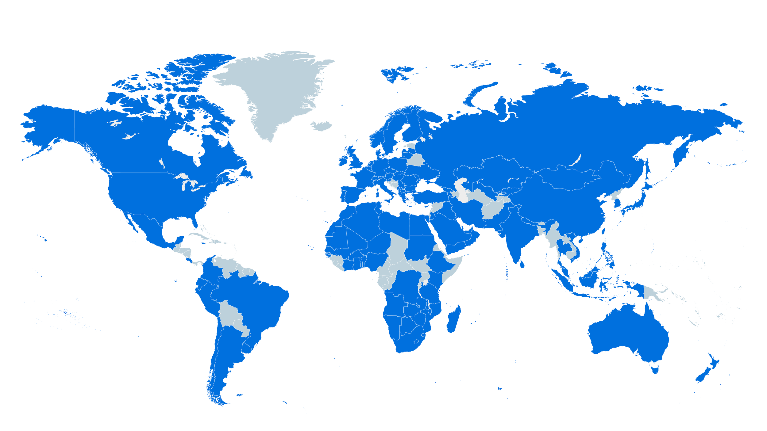World map highlighting countries in blue and gray