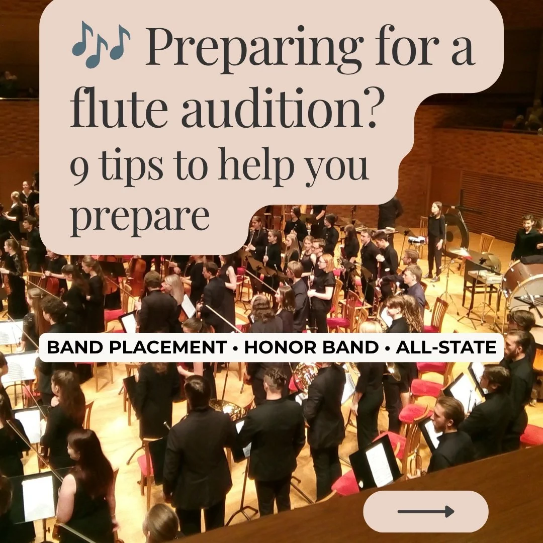 Preparing for an upcoming flute audition? 🎶
Here are 9 tips to help you prepare for Band Placement, Honor Band, or All-State auditions.
I go into more detail on each tip in my latest blog post &mdash; you can find it through the link in my bio! ❤️ #