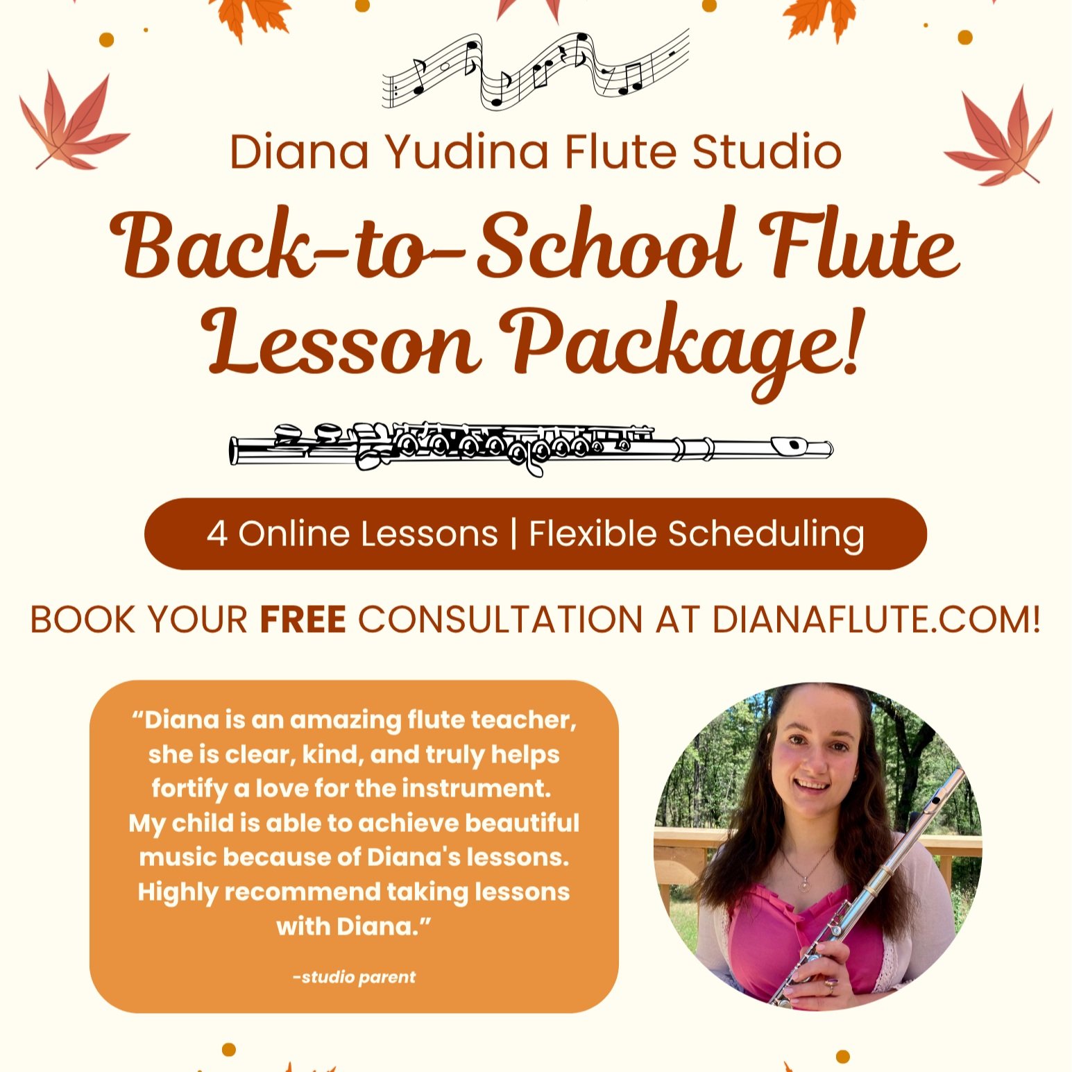 Hi everyone! I&rsquo;m offering a few Back to School Lesson Packages this September with flexible scheduling! 😊🎶🍂It can be a really nice option for a child who wants some extra support getting back into band, strengthening their flute fundamentals