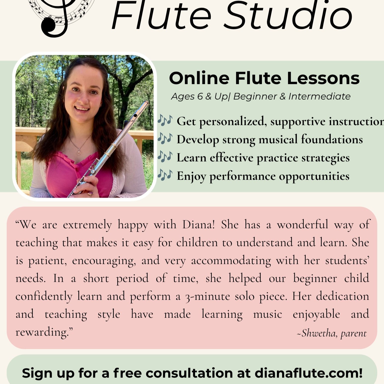 Is anyone looking for flute lessons for their child? I have a few openings available for flute lessons this Fall! Students in my studio develop strong musical foundations while building confidence (we have online recitals 4 times a year to practice p