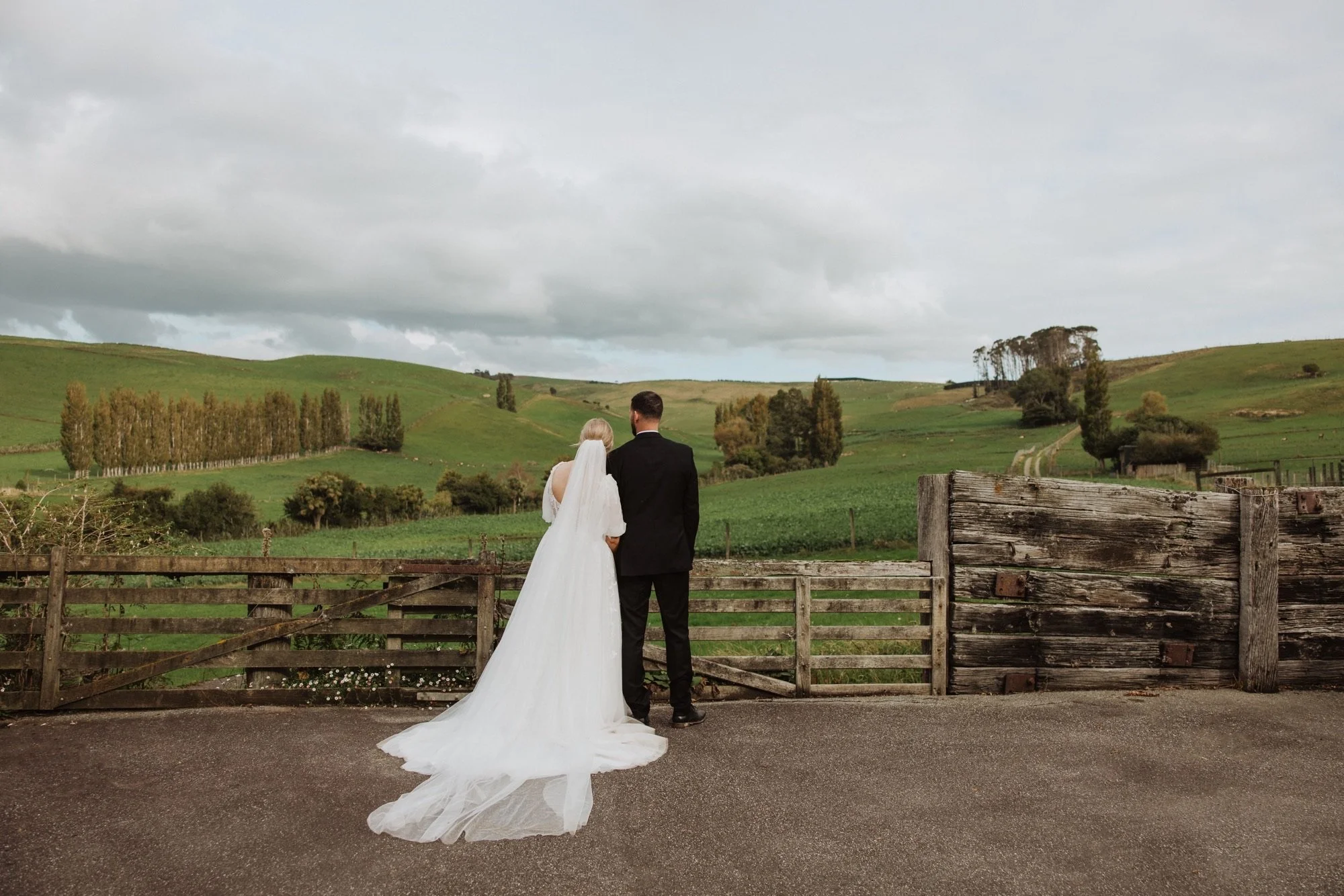 A bride in a long white wedding dress and veil standing beside a groom in a black suit, facing a rural landscape with rolling green hills, scattered trees, and cloudy sky.