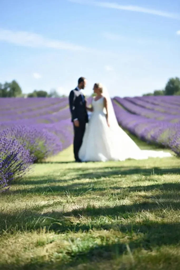 A bride and groom standing on a grassy path in a lavender field on a sunny day, looking at each other.