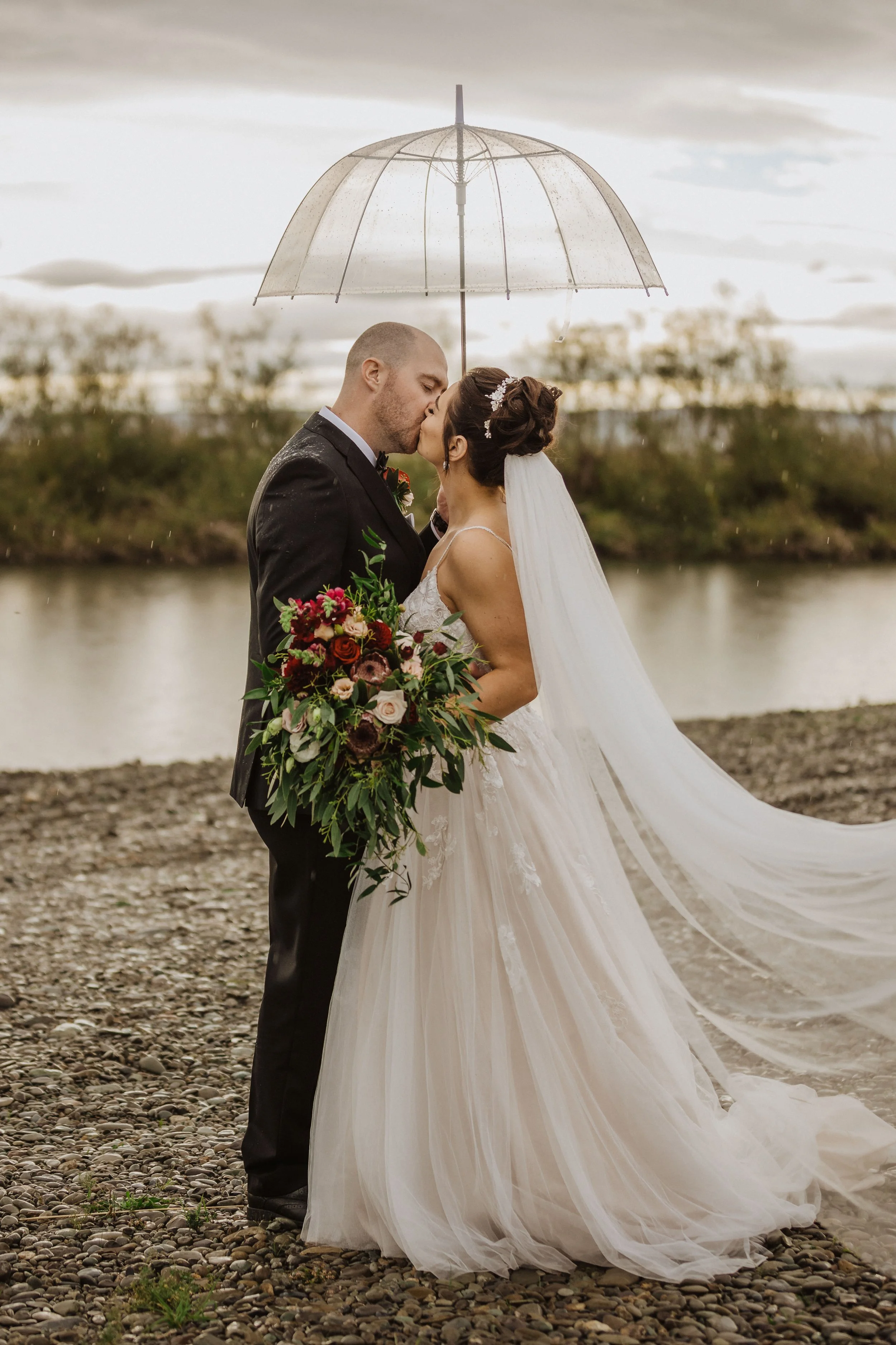 Clear umbrella, rain, bridal photos, wet weather