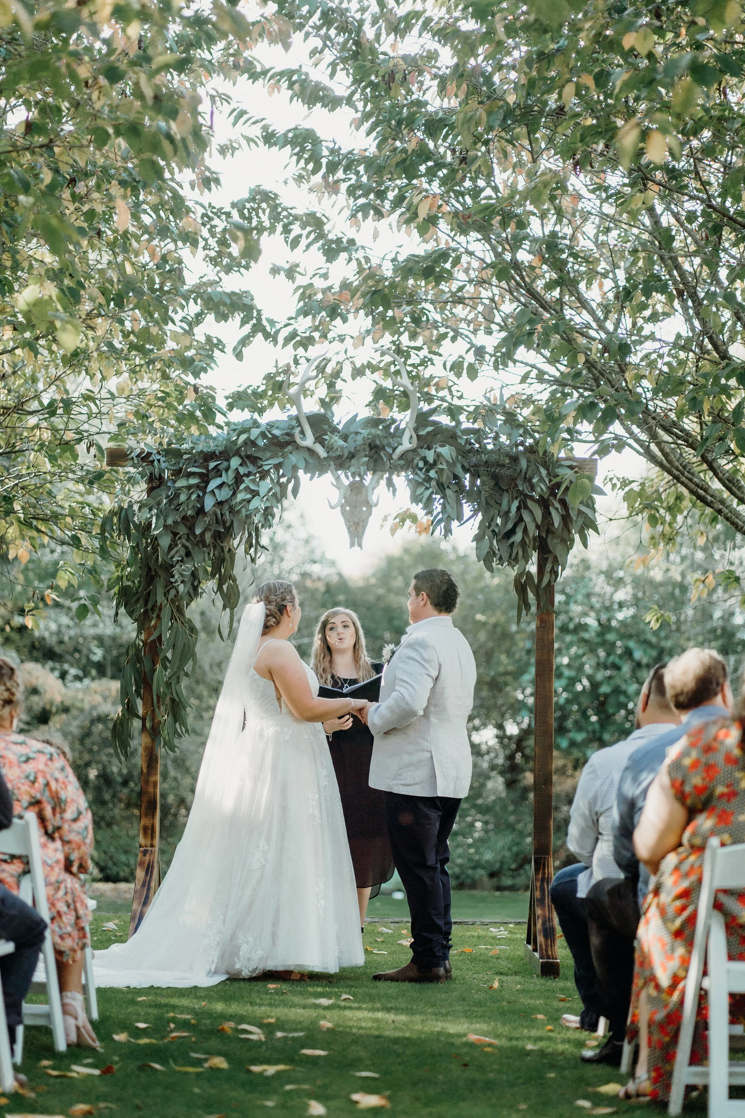 Wooden, wedding, arch, garden, rustic, timber, alter, ceremony, florals, flowers, floral arrangement, deer head, square arch (Copy)