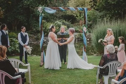 Wooden, wedding, arch, garden, rustic, timber, alter, ceremony, florals, flowers, floral arrangement, drapery (Copy)