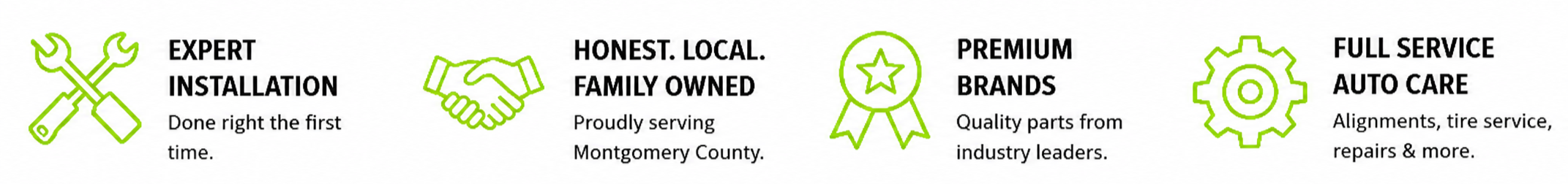 Icons with text describing a local auto repair business, highlighting expert installation, family-owned service, premium brands, and auto care services.