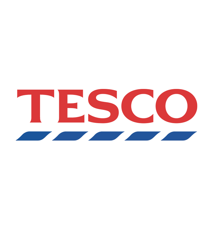 Tesco logo with red lettering and a blue underline.