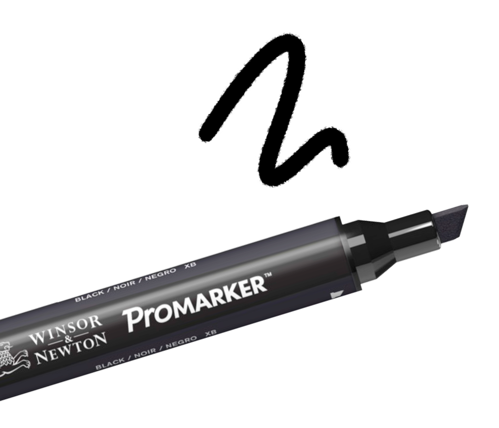 A black Winsor & Newton Promarker with its cap off, showing the chisel tip.